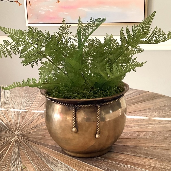 LARGE VINTAGE BRASS PLANTER WITH FAUX GREENERY